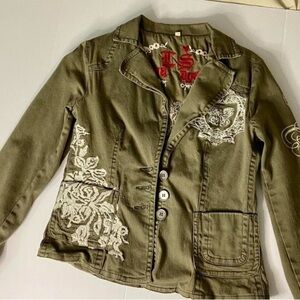 Y2K Love Stitch Olive Jacket with White Embroidered Stitching Design